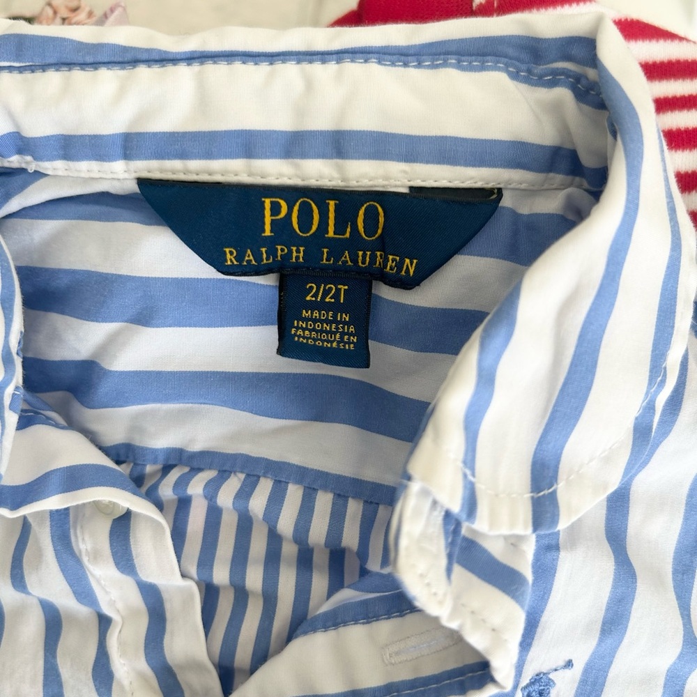 Polo by Ralph Lauren Girls 2T Blue White Striped Cotton Shirt Dress with Belt - Picture 2 of 5